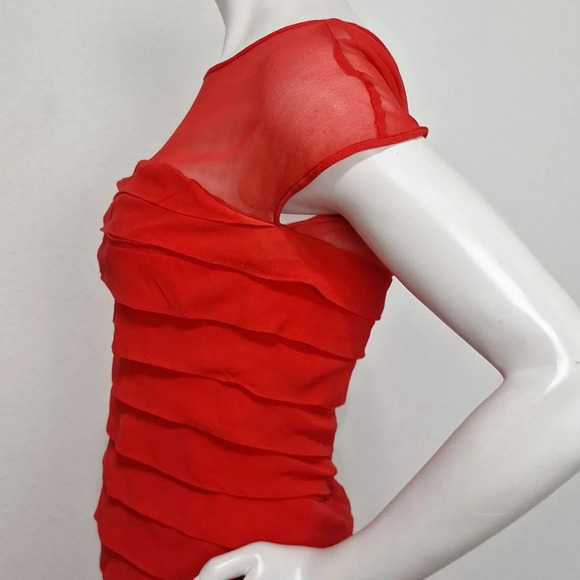 Carmen Marc Valvo Classic Red Romantic Cocktail Sheer Silk Feminine Midi Dress 6 - Picture 8 of 10